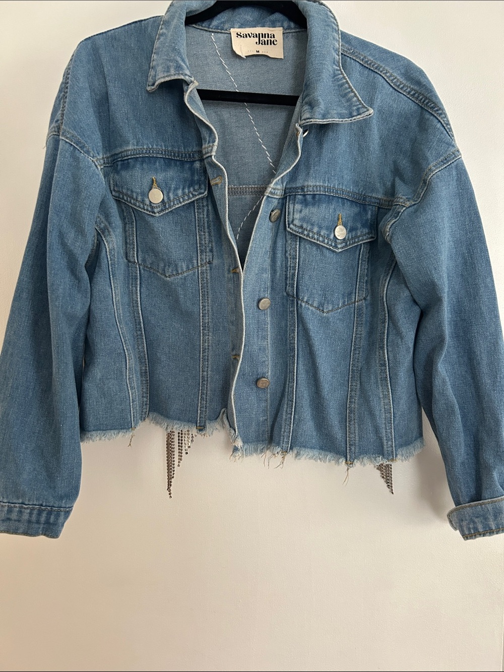 Savanna Jane Medium Blue Cropped Denim Jacket with Chain Fringe